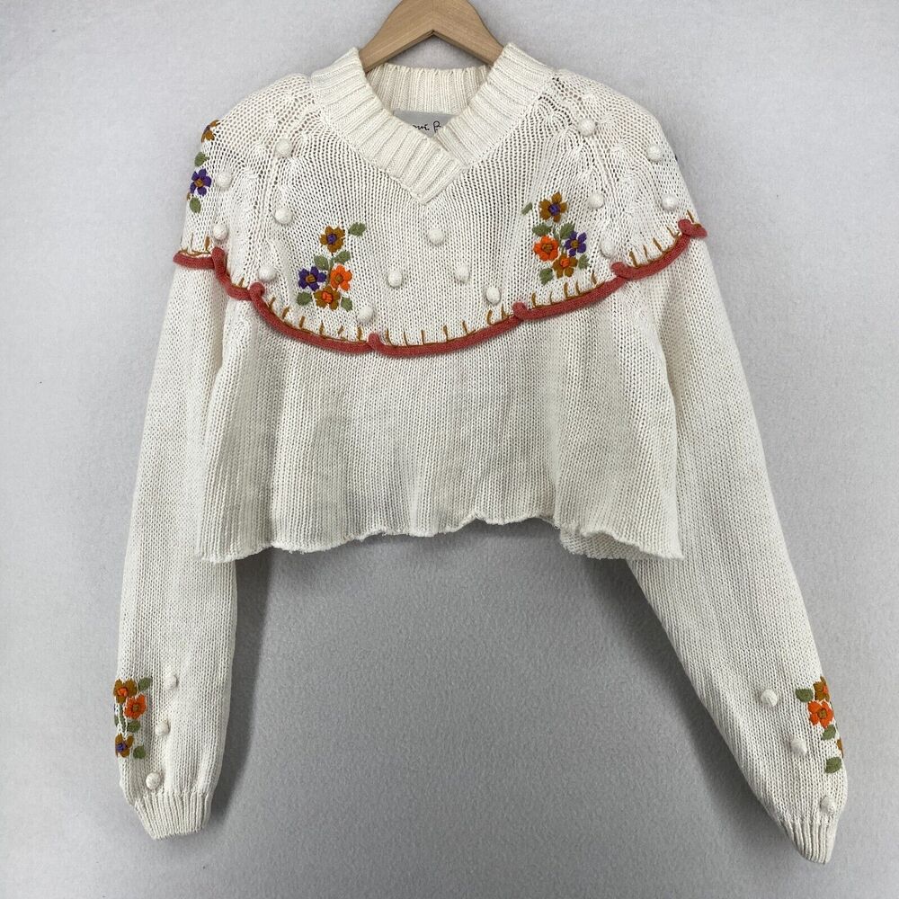 MAORI BEE Sweater L Ramie Cotton Cropped Crafted Floral Poms Crochet White